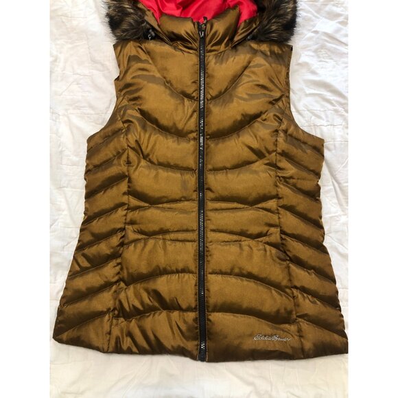 Eddie Bauer Puffer Vest with Faux Fur Trim Metallic Gold Bronze Size M - Picture 3 of 13